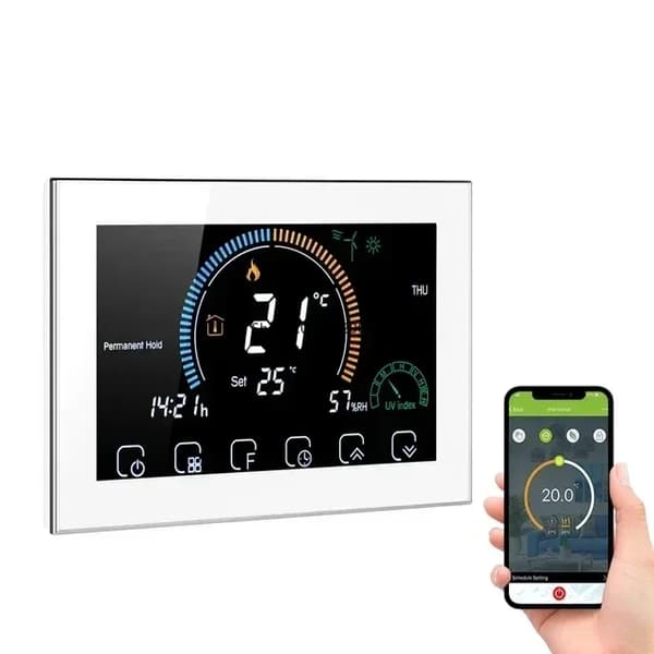 Smart WiFi-termostat, fuktighetsdisplay, Google Home-kompatibilitet, programmerbara cykler,Kaminuppvärmning