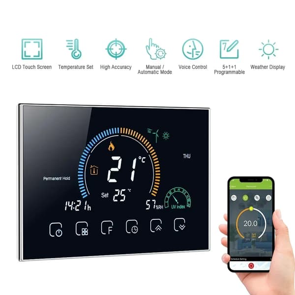 Smart termostat, LCD pekskärm, programmerbara cykler, fuktighetsvisning,Svart med wifi