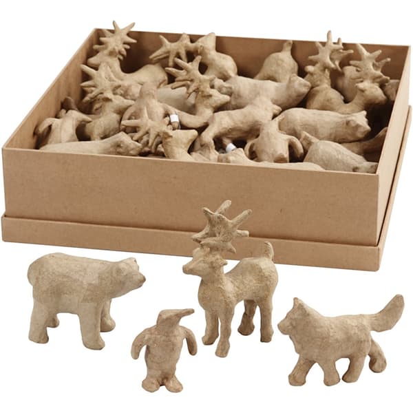 Papier-maché djur - H: 8-12,8 cm - L: 5,6-11,8 cm - 32 st