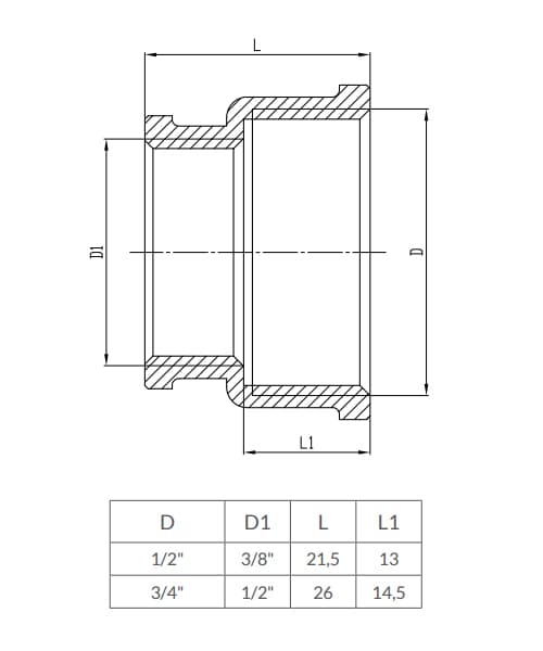 Forkromet messing reduktionsmuffe 3/4"x1/2" hun/hun