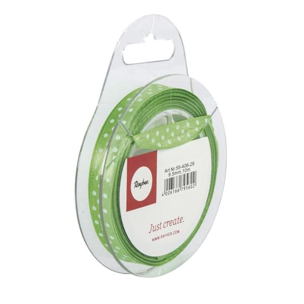 Rulle med mellangrönt satinband med vita prickar...
