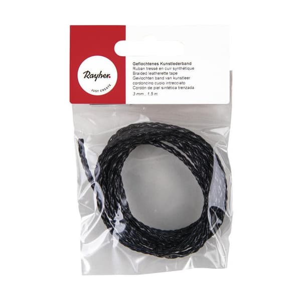 Syntetläder flätat band - 3 mm - Svart - 1,5 m - Rayher