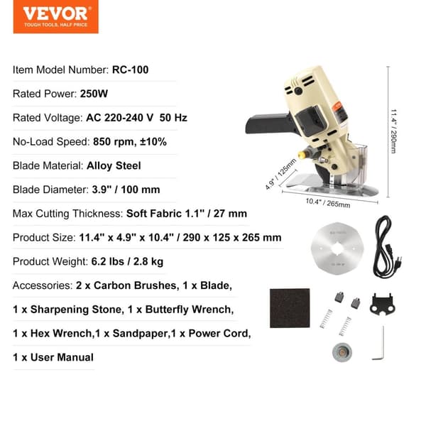 Elektrisk roterande tygskärare, 250W effekt, 850 RPM hastighet,250W RC-100