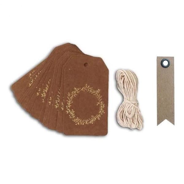 20 kraftetiketter 8 cm Krona av gyllene blommor & snöre + 20 kraftetiketter med vimpel