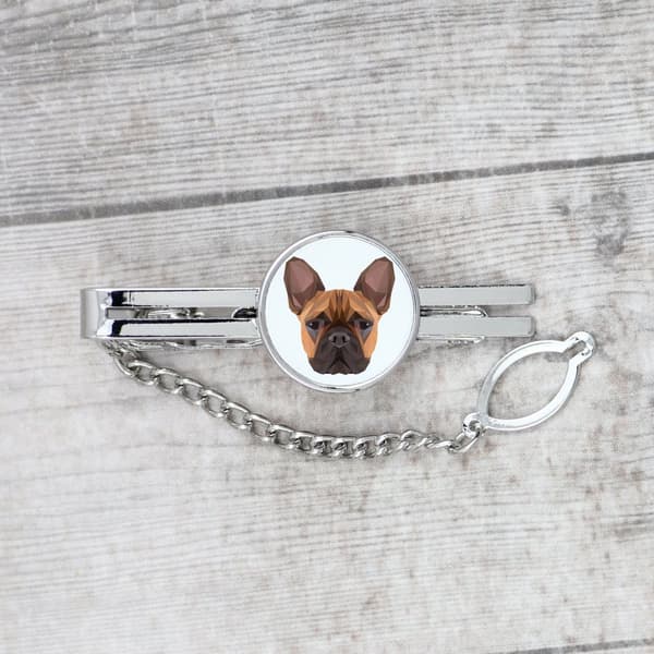 Ranskanbulldoggi - geometrinen klipsi, jossa on valokuva ja merkintä Art-Dog-solmioon