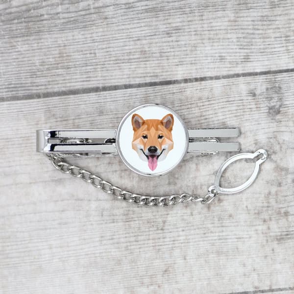 Shiba Inu - geometrinen klipsi, jossa on valokuva ja kirjoitus Art-Dog-solmioon