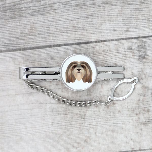 Lhasa Apso - geometrisk nål med foto og inskription til Art-Dog slips
