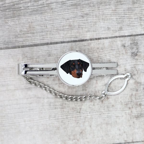 Doberman, Dobermann - geometrinen solmioklipsi, jossa kuva ja merkintä Art-Dog-solmioon