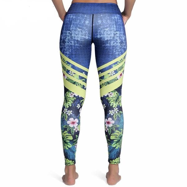 Blå Yoga Leggings med Löv och Blommor Small