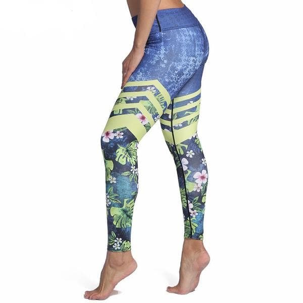 Blå Yoga Leggings med Löv och Blommor Small