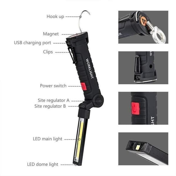 Uppladdningsbar arbetslampa Verkstadslampa COB Torch Ficklampa med magnetisk bas 5 lägen Vit-rött ljus No38037
