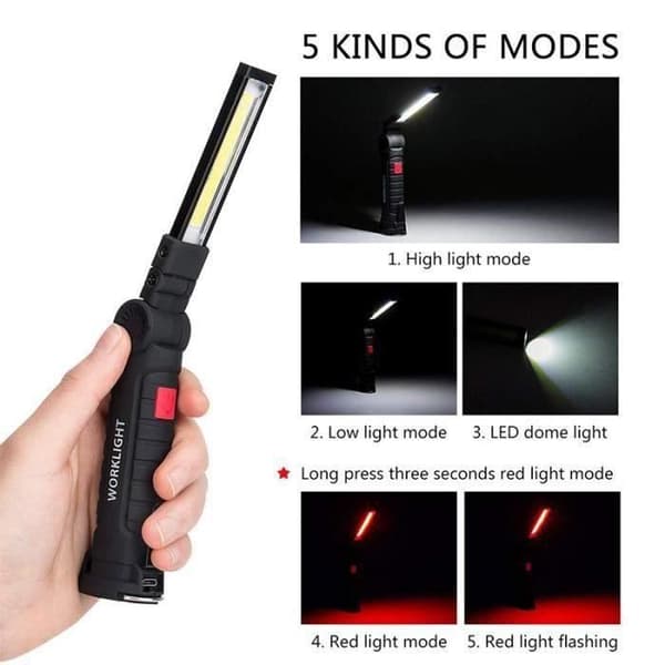 Uppladdningsbar arbetslampa Verkstadslampa COB Torch Ficklampa med magnetisk bas 5 lägen Vit-rött ljus No38037