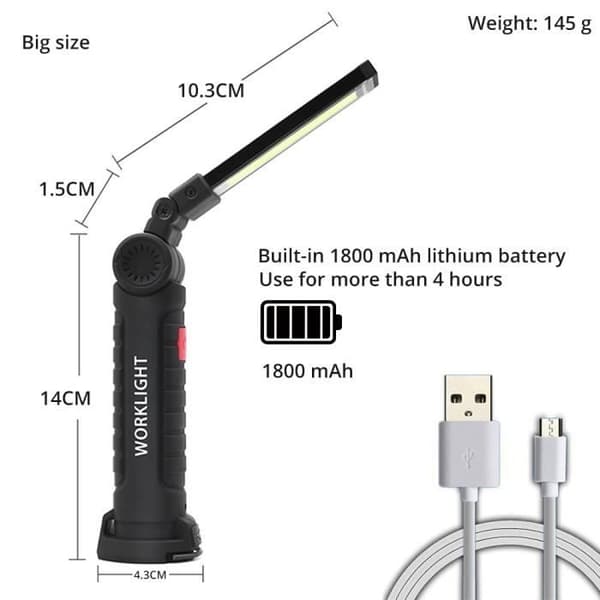 LAMPFAKTA, Stor storlek--LAMPFAKTA, COB uppladdningsbar via USB, inspektionsljus, 5 lägen, design med bakre magnet, ficklampa