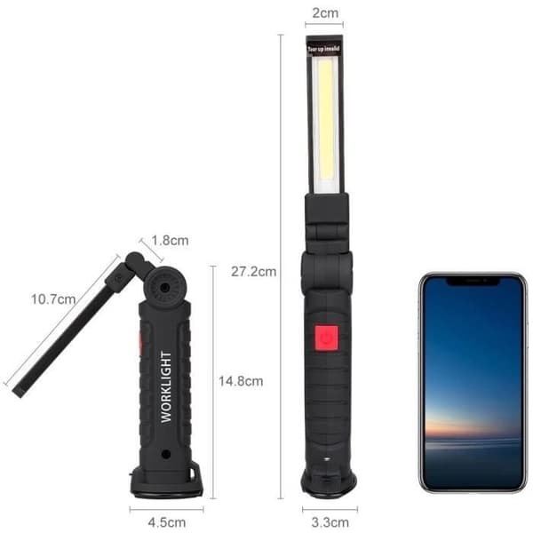 Uppladdningsbar arbetslampa Verkstadslampa COB Torch Ficklampa med magnetisk bas 5 lägen vitt/rött ljus