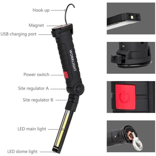 Uppladdningsbar arbetsljuslampa Verkstad COB ficklampa ficklampa med magnetisk bas 5 lägen Vit-rött ljus Camping L