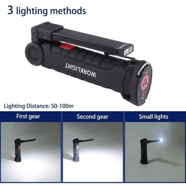 Uppladdningsbar arbetslampa Verkstadslampa COB Torch Ficklampa Magnetisk bas 5 ljuslägen för campinggaragelampa, 1 st
