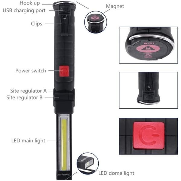 Uppladdningsbar arbetslampa Verkstadslampa COB Torch Ficklampa Magnetisk bas 5 ljuslägen för campinggaragelampa, 1 st