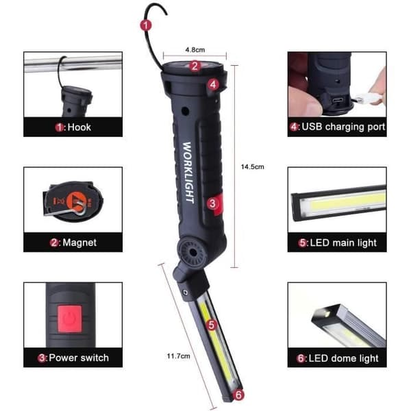 Uppladdningsbar LED-arbetslampa, 800LM LED-arbetslampa, Uppladdningsbar LED-verkstadslampa, inspektionslampa, 5-pack lampa