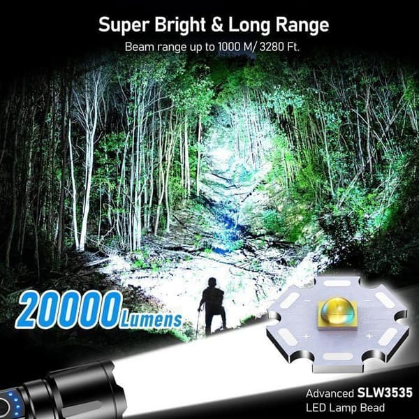 Ficklampa - LED - Ultra Kraftfull - 20000LM - Uppladdningsbar - IPX6 Vattentät