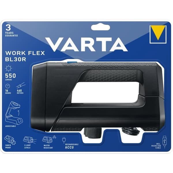 Bärbar lampa-VARTA-Work Flex BL30R-550lm-Kraftfull-Justerbar belysning-IPX4-Lanyard ingår-Laddbar Svart