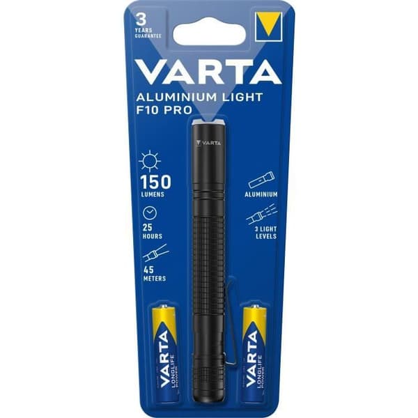 Ficklampa-VARTA-Aluminium Light F10 Pro-150lm-Högpresterande LED-3 ljuslägen-ficklamme-2 AAA-batterier ingår Gjuten aluminium