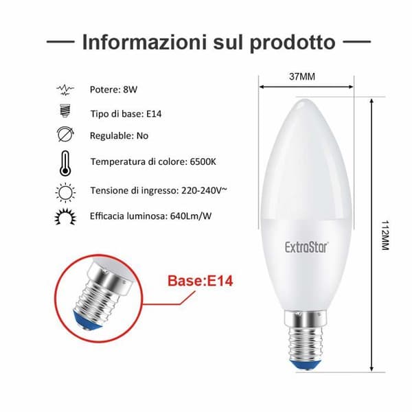 Extrastar - C37CB8-6 - Set med 6 LED-ljuslampor, E14,8 W motsvarande 64 W, 6500 K, kallvitt ljus. - C37 8W