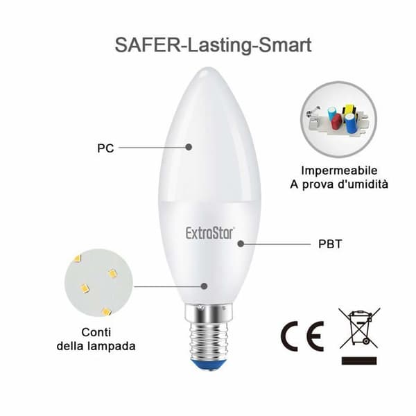Extrastar - C37CB8-6 - Set med 6 LED-ljuslampor, E14,8 W motsvarande 64 W, 6500 K, kallvitt ljus. - C37 8W