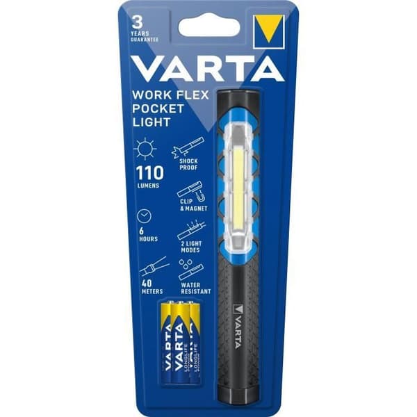 Torch-VARTA-Work Flex Pocket Light-110lm-Compact-High performance LED-IPX4-magnetic-pocket clip-3 AAA-batterier ingår Svart