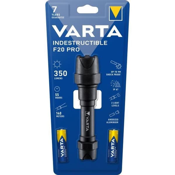 Ficklampa-VARTA-Oförstörbar F20 Pro-350lm-7 års garanti-Stöttålig (9m) mot vatten och damm-IP67-2 AA-batterier ingår Svart