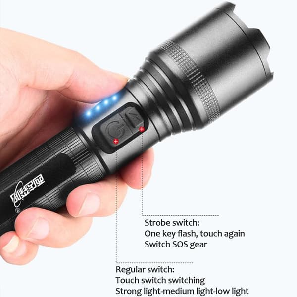 LED ficklampa starkt ljus dubbelknapp USB-laddning vandring camping bärbar vattentålig zoomljus