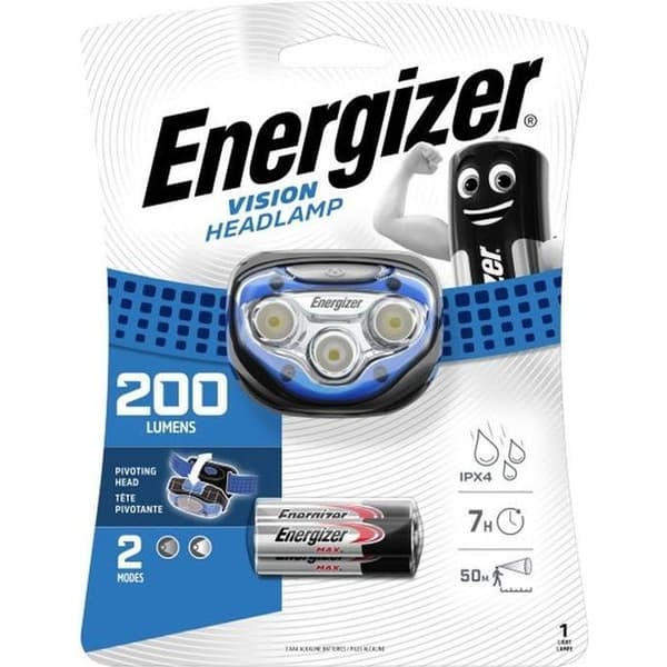 Huvudlampa - ENERGIZER - Vision 200 HL TC - LED - Förlängd batteritid - Justerbar Svart, Blå, Transparent
