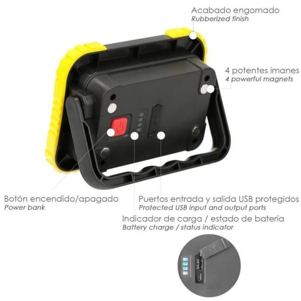 Multifunktionell uppladdningsbar LED ficklampa 2.000 mAh. / 10 W. / 500 lumen / 4 magneter / Extern batteri / Stöder AF 1.