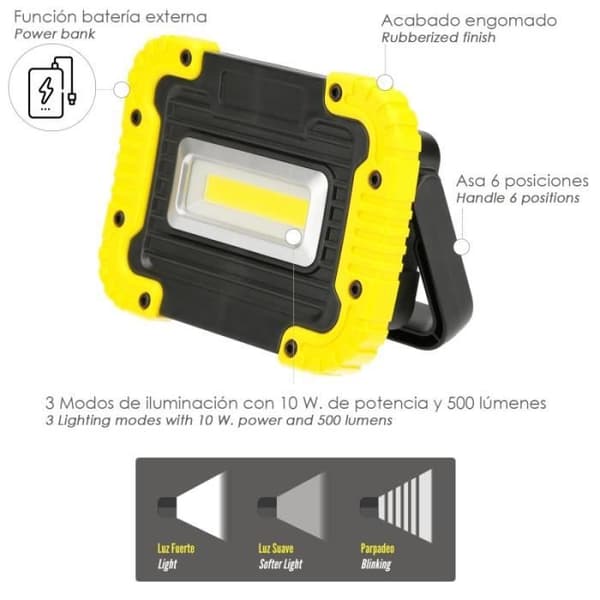 Multifunktionell uppladdningsbar LED ficklampa 2.000 mAh. / 10 W. / 500 lumen / 4 magneter / Extern batteri / Stöder AF 1.