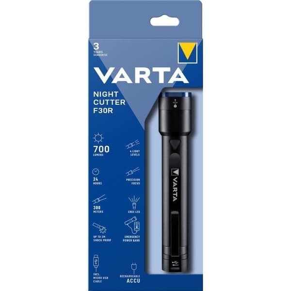 Ficklampa-VARTA-Nattskärare F30R-700lm-Ultra kraftfull-Stöttålig (2m)-Uppladdningsbar-Backup Power Bank ingår Svart