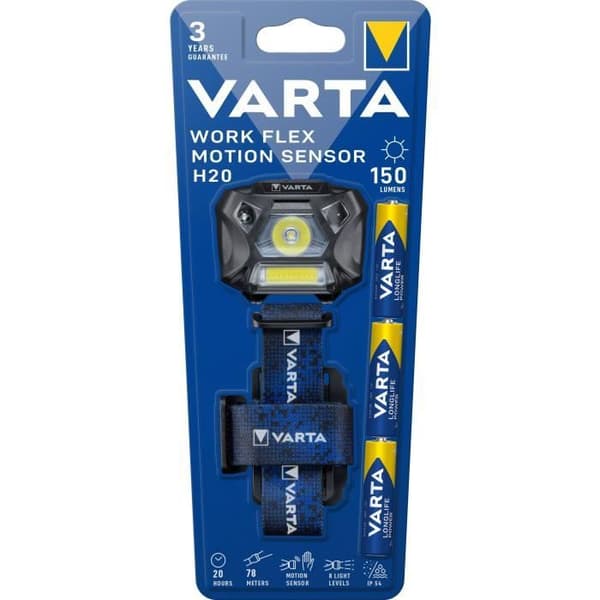 Frontal-VARTA-Work Flex Motion Sensor H20-150lm-Hands-free tändning-8 ljusnivåer-IP54-3 AAA-batterier ingår Svart, Blå