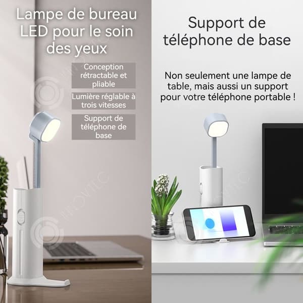 INN Skrivbordslampa 4 i 1 Stöd för mobiltelefon/penna hållare/extern batteri/ficklampa 3 belysningsnivåer 5000mAh