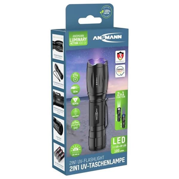 Ansmann Action 400 UV LED-ficklampa, batteridriven UV-lampa 100 lm 27 h