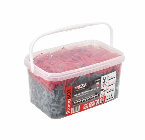 AWTOOLS PROMO BOX FLIS NIVELLERINGSSYSTEM 1,5mm - 7-15mm - CLIP 700 stk. + KILE 200 stk.