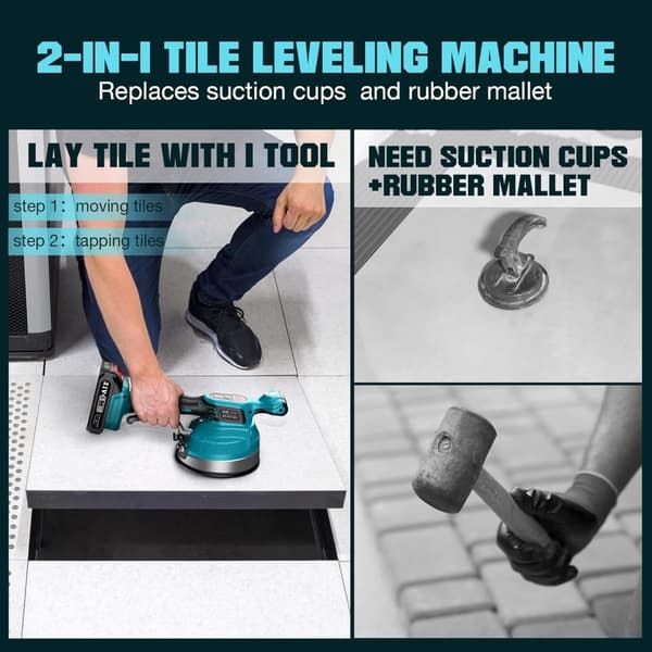 Seesii Flise Vibration Nivelleringsmaskine, 160mm Sugekop, 12-Trins Justerbar,med 2X2.0Ah batteri
