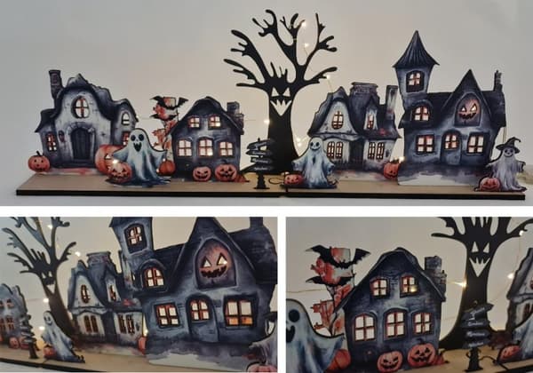 Halloween by med utskurna fönster för ljusslinga kusliga hus - hylla dekoration