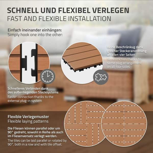 ECD Germany WPC-terassilaatat 30x30 cm 11er säästösetti 1m² vaaleanruskea puulle etsi puutarhan parvekelattia viemäröinti- ja napsautusjärjestelmällä