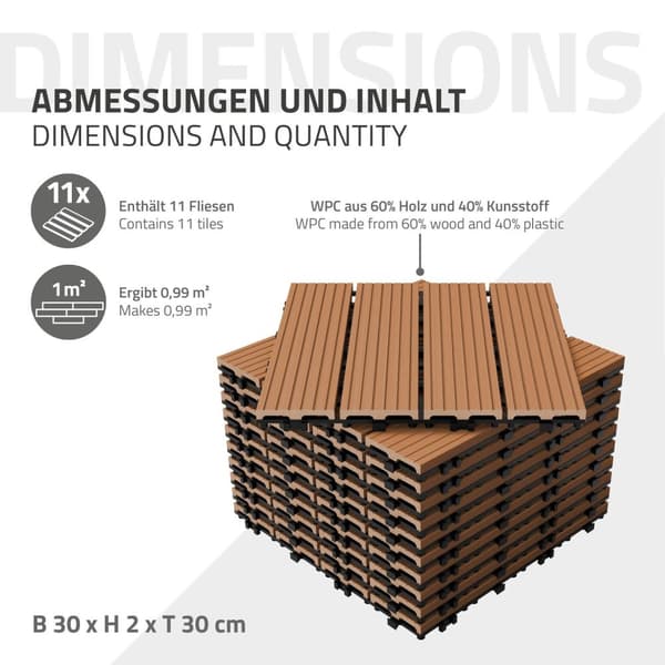 ECD Germany WPC-terassilaatat 30x30 cm, 33 osaa, 3 m ² vaaleanruskea puupakkaus, etsi puutarhan parvekelattia viemäröinti- ja napsautusjärjestelmällä