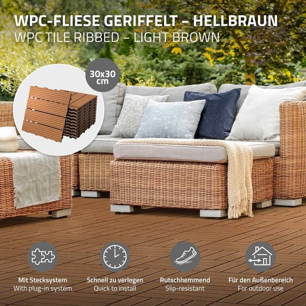 ECD Germany WPC-terassilaatat 30x30 cm, 33 osaa, 3 m ² vaaleanruskea puupakkaus, etsi puutarhan parvekelattia viemäröinti- ja napsautusjärjestelmällä