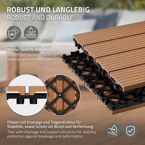 ECD Germany WPC-terassilaatat 30x30 cm, 22 osaa, 2m²: n vaaleanruskea puu, etsi puutarhan parvekelattia viemäröinti- ja napsautusjärjestelmällä