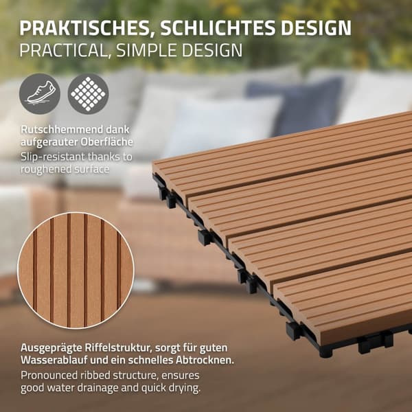 ECD Germany WPC-terassilaatat 30x30 cm, 22 osaa, 2m²: n vaaleanruskea puu, etsi puutarhan parvekelattia viemäröinti- ja napsautusjärjestelmällä