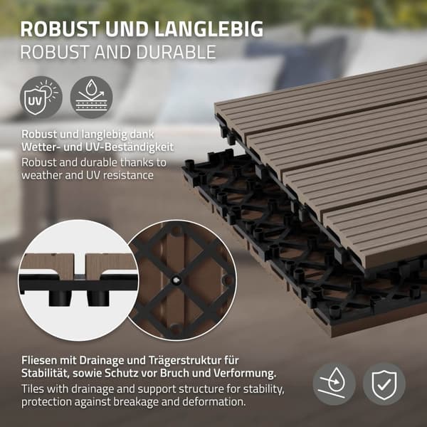 ECD Germany WPC-terassilaatat 30x30 cm 33-osainen säästösetti 3 m²: n tummanruskealle puulle etsi puutarhan parvekelattia viemäröinnillä, napsauta
