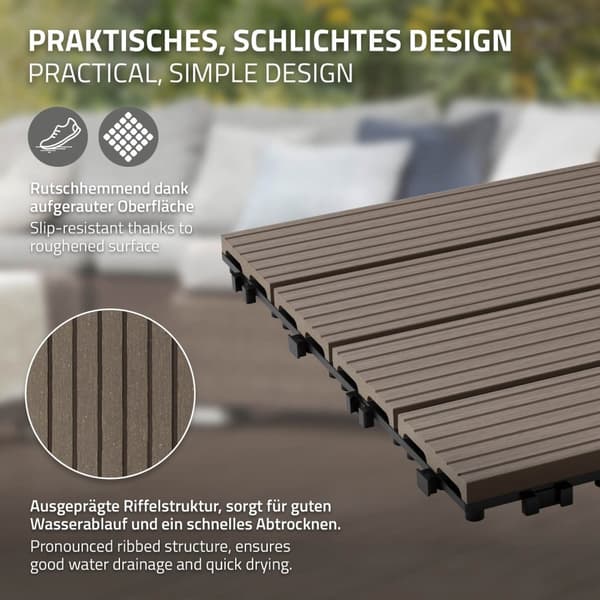 ECD Germany WPC-terassilaatat 30x30 cm 33-osainen säästösetti 3 m²: n tummanruskealle puulle etsi puutarhan parvekelattia viemäröinnillä, napsauta