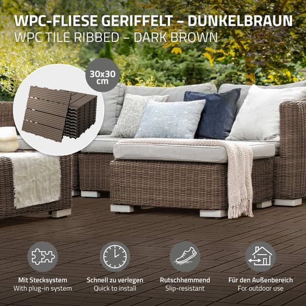 ECD Germany WPC-terassilaatat 30x30 cm 33-osainen säästösetti 3 m²: n tummanruskealle puulle etsi puutarhan parvekelattia viemäröinnillä, napsauta