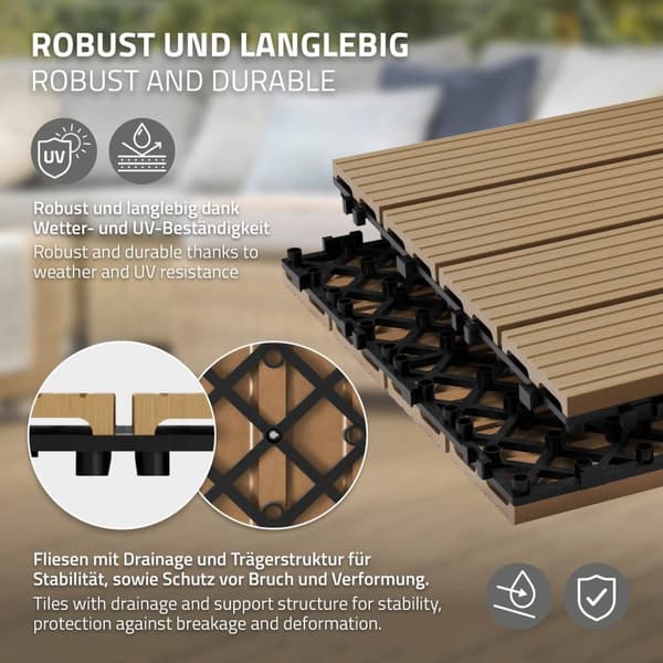 ECD Germany WPC-terassilaatat 30x30 cm 22 kappaletta säästötarvikkeet 2m²: n tiikkipuulle etsimään puutarhan parvekelattia viemäröinti- ja