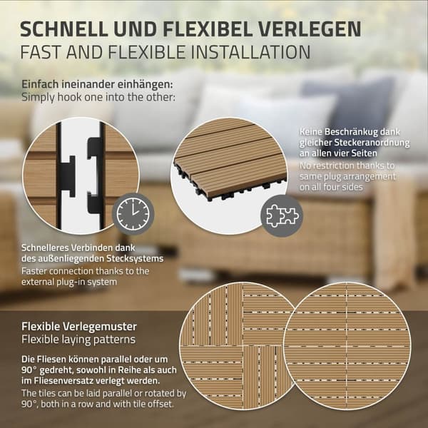 ECD Germany WPC-terassilaatat 30x30 cm 22 kappaletta säästötarvikkeet 2m²: n tiikkipuulle etsimään puutarhan parvekelattia viemäröinti- ja